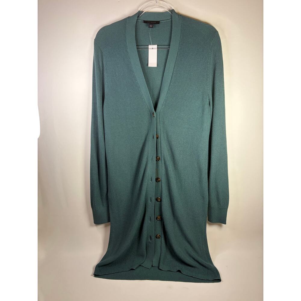 Ann Taylor Green Ribbed Long Line Button Cardigan Duster Size Large NEW